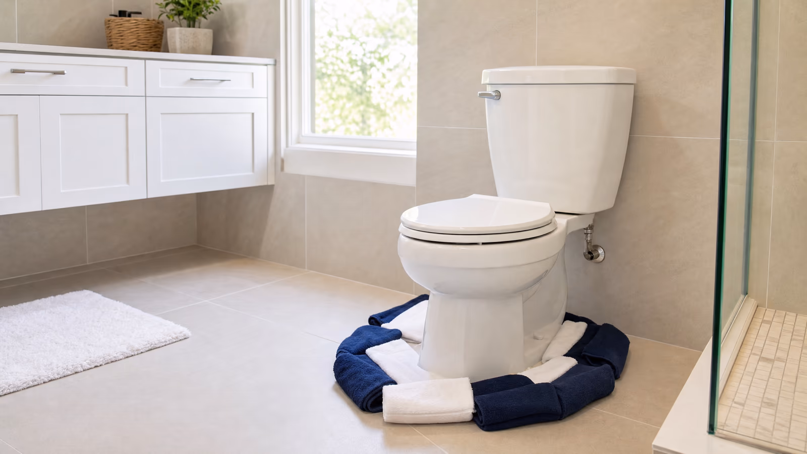 Towels placed around a toilet to contain an overflow