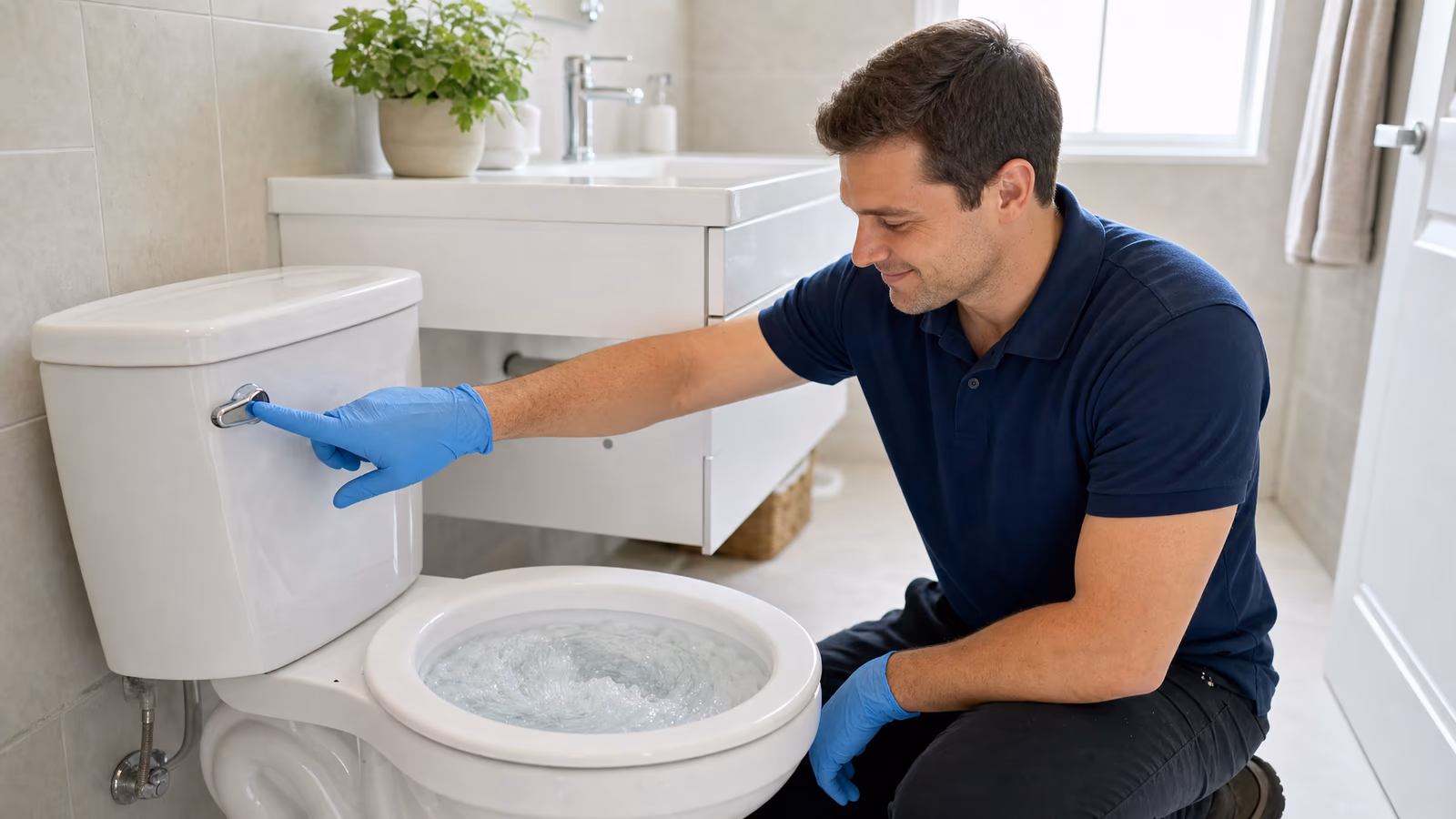 Technician testing a toilet flush after a repair