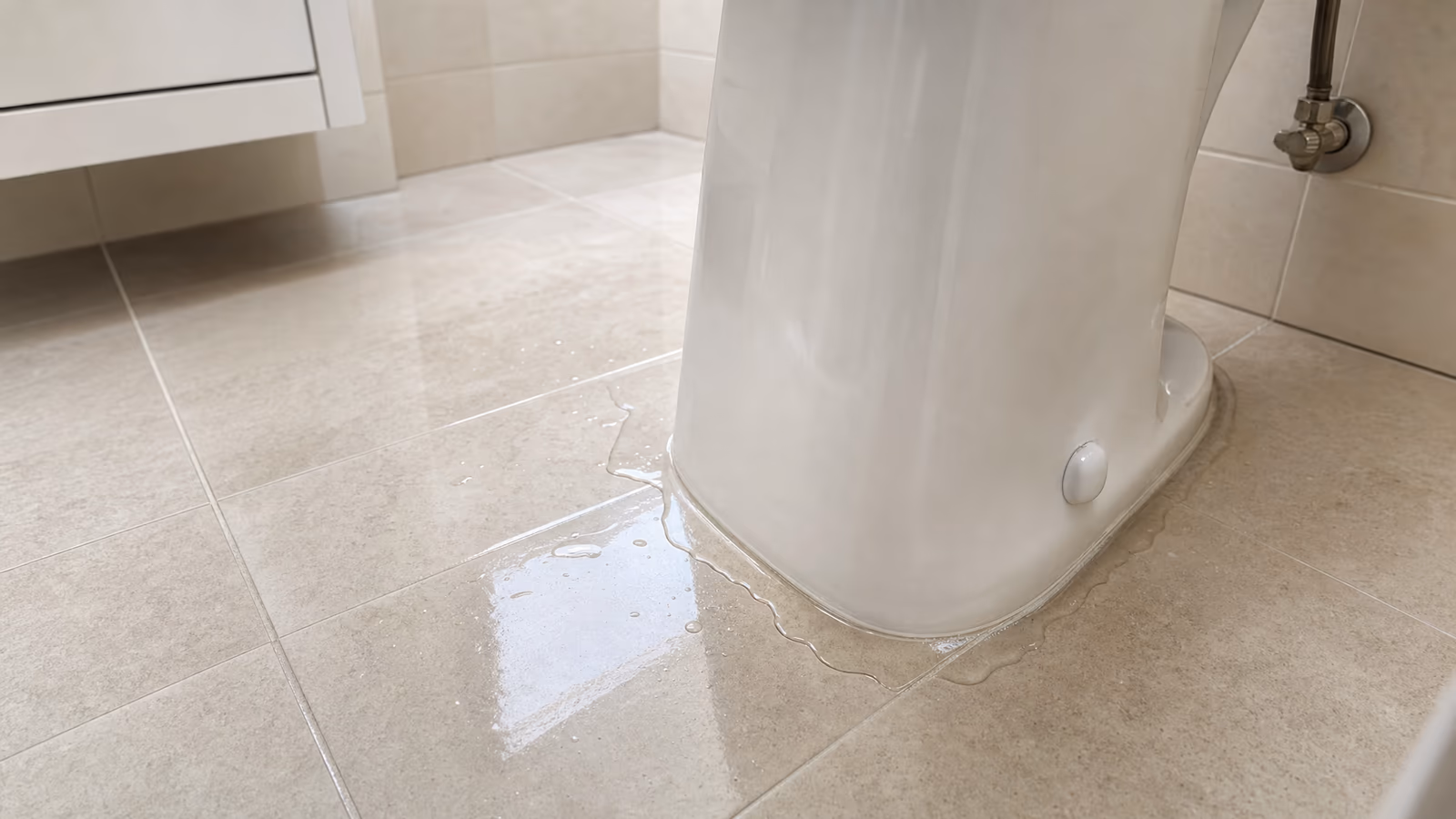 Water pooling around the base of a toilet on a bathroom floor